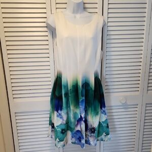 Calvin Klein Green and White Sleeveless A-Line Dress